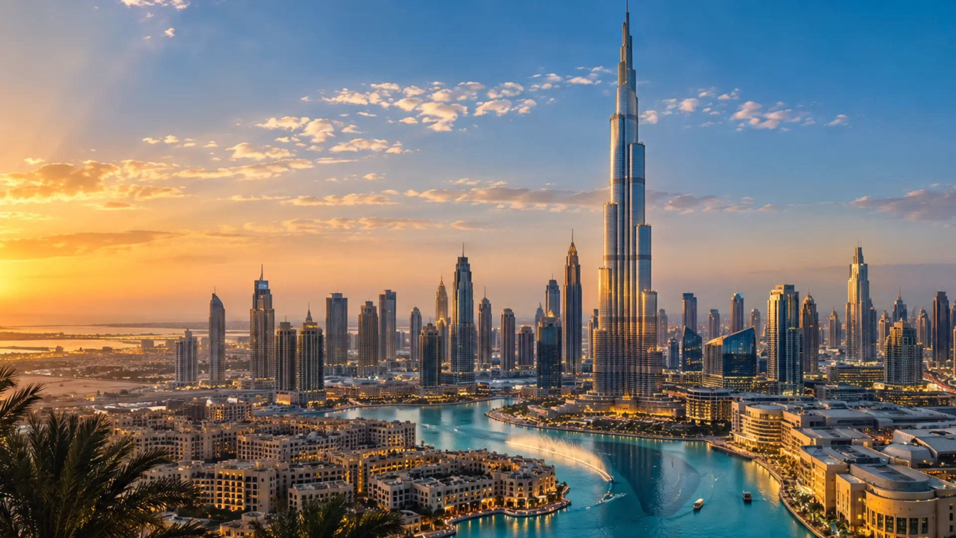 Dubai skyline and Burj Khalifa at golden hour